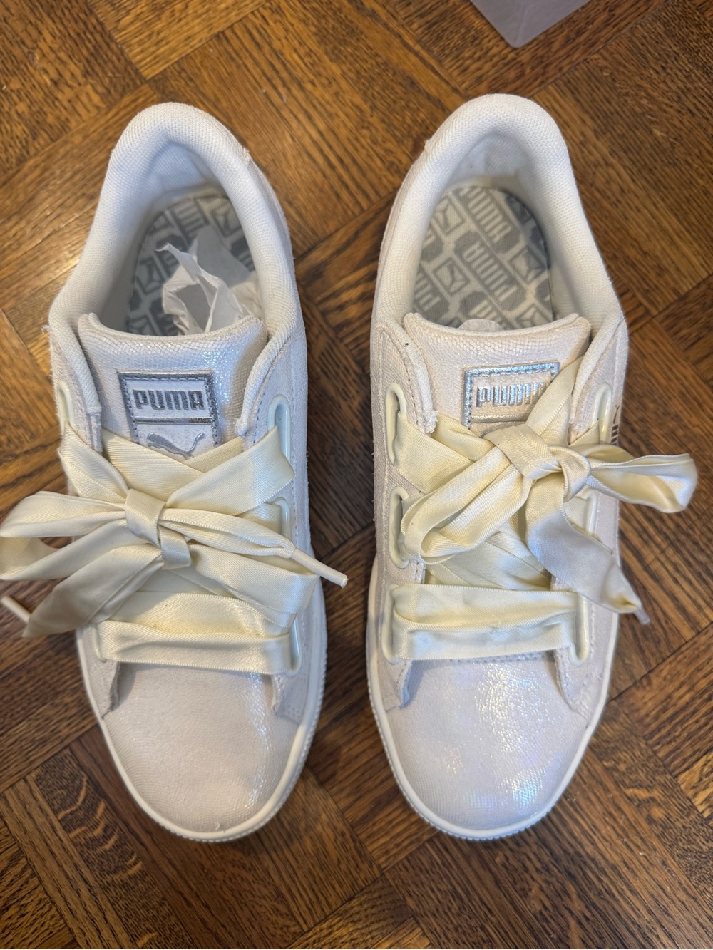 Puma Basket Low-Top Sneakers in Iridescent Pearl White
